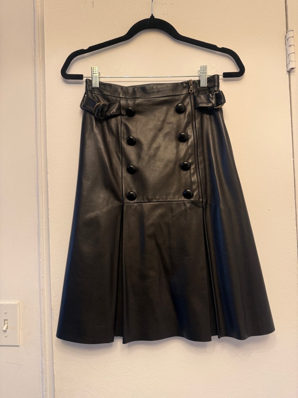 Derek Lam Black Faux Leather A-Line Skirt with Double-Breasted Buttons